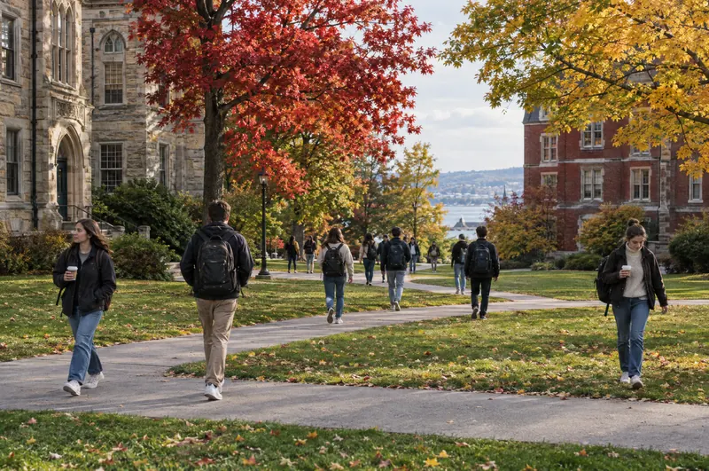 Students crossing a campus lawn in autumn