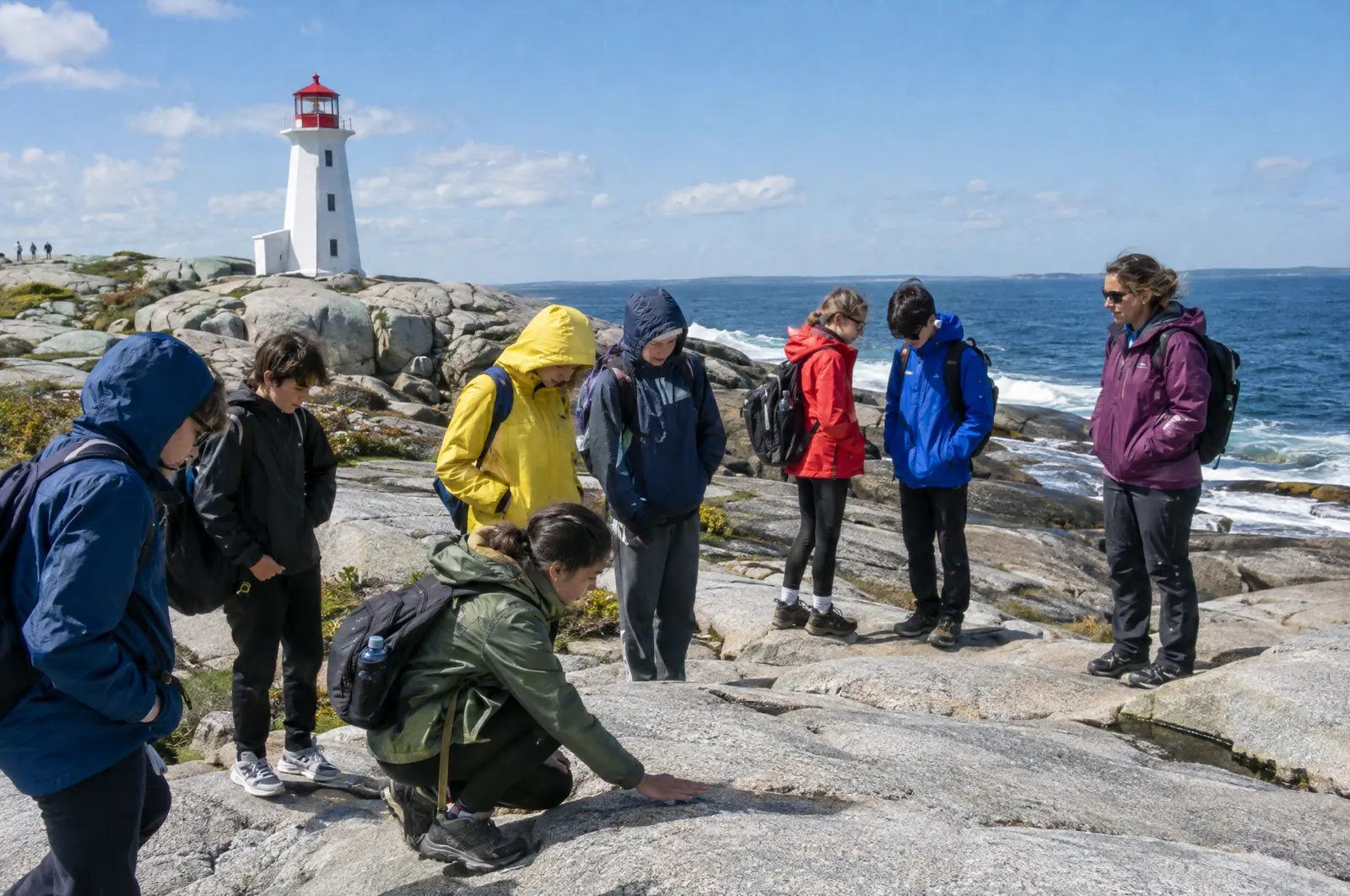 High school students on a field trip on the rocky Nova Scotia coast near a lighthouse