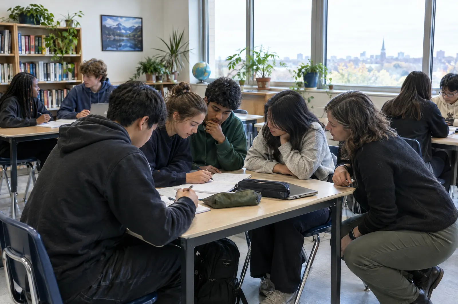High school students working in small groups with a teacher