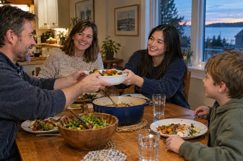 A host family at dinner with an international student